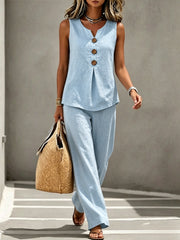 Spring Summer Women's Matching 2pcs Sets, V-Neck Sleeveless Button Top & Flowy Wide Leg Pants, Casual Resort Style Loungewear, Perfect for Summer Holiday, Staycation & Casual Outings, Holiday Essential