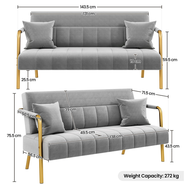 Costoffs Sofa Couch Modern Velvet Sofa Couch, 143cm Small Loveseat with Gold-tone Metal Arms & Legs, Upholstered Design, Includes 2 Pillows, Ideal for Bedroom, Home Office, Studio, Small Spaces, Light Grey/Green/Beige/Black/Pink