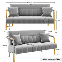 Costoffs Sofa Couch Modern Velvet Sofa Couch, 143cm Small Loveseat with Gold-tone Metal Arms & Legs, Upholstered Design, Includes 2 Pillows, Ideal for Bedroom, Home Office, Studio, Small Spaces, Light Grey/Green/Beige/Black/Pink