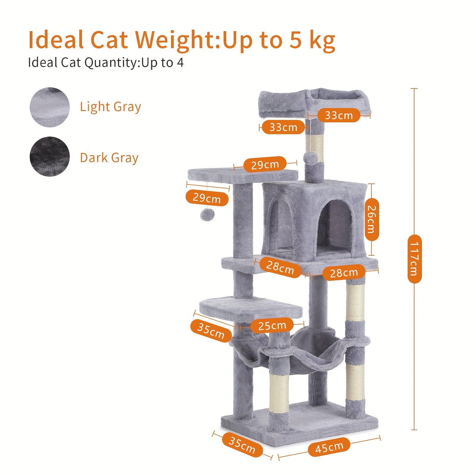 Cat Tree, 112 Cm Multi-Level Plush Cat Condo with 4 Scratching Posts, 2 Perches, Cave, Hammock, Pompoms, Light Grey