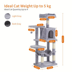 Cat Tree, 112 Cm Multi-Level Plush Cat Condo with 4 Scratching Posts, 2 Perches, Cave, Hammock, Pompoms, Light Grey