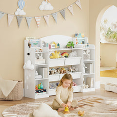 Toy Storage Units and Bookcase | With 8 Fabric Bins, Open Shelves, Display Rack, Suitable for Bedroom, Nursery, Playroom, Kindergarten, White - HZUANERI