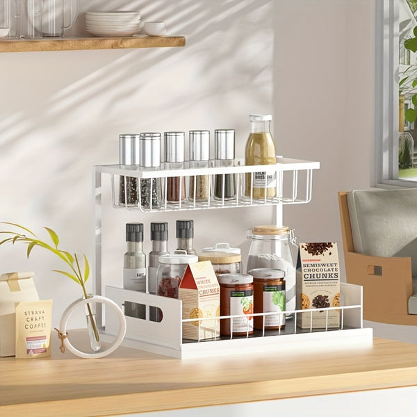 Pull-Out Organizer Rack, Multi-Functional Double-Layer Sundries Storage Rack, Large Capacity Sliding Storage Rack, Suitable for Kitchen And Bathroom, Home Organize And Storage, Home Additions