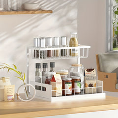 Pull-Out Organizer Rack, Multi-Functional Double-Layer Sundries Storage Rack, Large Capacity Sliding Storage Rack, Suitable for Kitchen And Bathroom, Home Organize And Storage, Home Additions