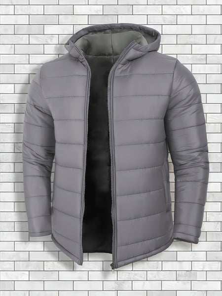 Men'S Outdoor Lightweight Thickened Hooded Windproof Quilted Solid Color Warm Coat