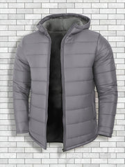 Men'S Outdoor Lightweight Thickened Hooded Windproof Quilted Solid Color Warm Coat