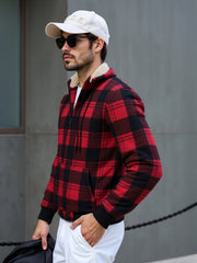 Men's Heavyweight -Lined Hooded Jacket - Full-Zip Plaid Thickened Shirt with Pockets and Adjustable Drawstring, Comfortable and Warm for Autumn and Winter