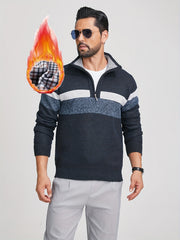 Men'S Thickened Knitted Pullover Sweater with a Color Block Design And Stand Collar, Made from Plus Velvet