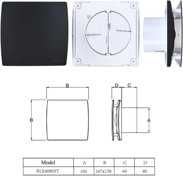 ROTHER Black Bathroom Extractor Fan 4 Inch IP44 Silent Wall Ceiling Mounted Timer Flat Panel Air Vent Cover Kitchen Room Powerful Ventilation 31Db 100Mm Copper Motor
