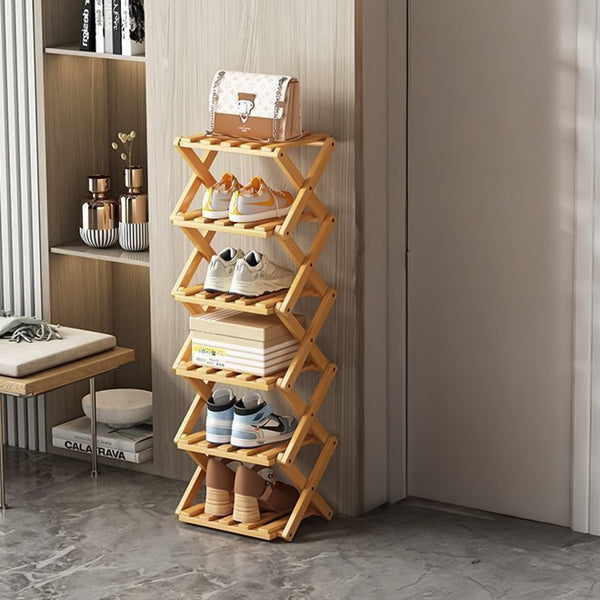 4/5/6/7 Tiers Bamboo Wooden Shoe Rack, Vertical Shoe Racks Storage Shelves Tall Shoe Tower, Collapsible Narrow Shoe Stand, Installation Free Folding X-Shape Shoe Racks Sneakers Slippers Holder Organizer, Multi Functional Shoe Rack Durable Footwear Cabinet