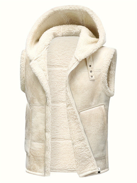 Men's Faux Fur-Lined Hooded Vest, Thickened and -Lined, Fashionable Windproof and Warm Outer Jacket for Men