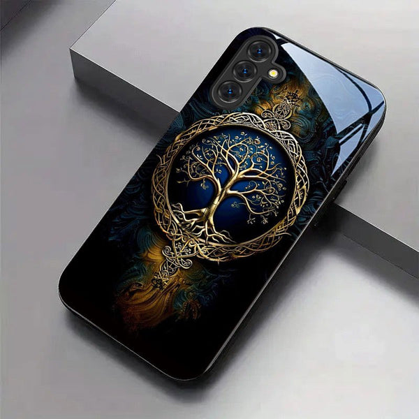 Phone Case - Blue Golden Tree of Life Pattern New Black Phone Case Tempered Glass for Iphone 17 Air/ 16/ 15/ 14/ 13/ 12/ 11/ Plus/ Pro/ Pro Max And Galaxy S, A Series/ S22/ S23/ S24 FE/ S25/ S26 ULTRA PLUS. It Is The First Choice of Gift for Family