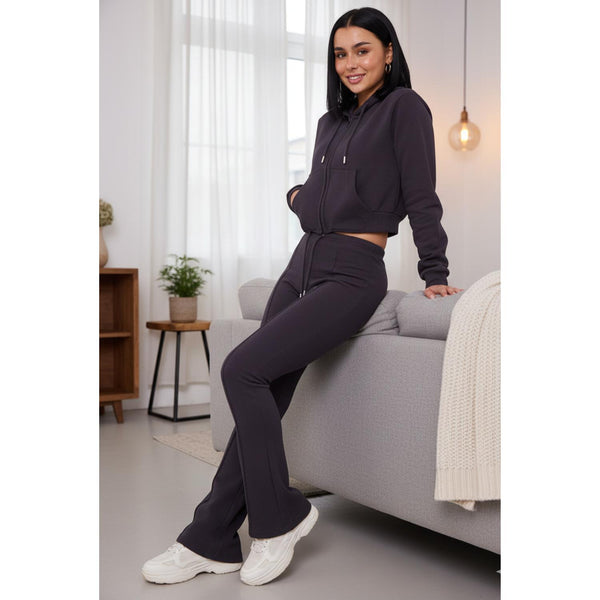 ZIPLORE Women'S Cropped Zip Hoodie and High-Waisted Bell Bottom Trousers Lounge Set for Casual, Athleisure & Streetwear - Suits, Womenswear Long Sleeve Minimalist Suits Womenswear Comfort Adjustable Clothing Drawstring Elegant Everyday Chic Loungewear Mat