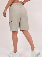 1pc Women' Elastic Waist Drawstring Cargo Shorts with Button Flap Pockets - Knee-Length Bermuda Utility Shorts Suitable for, Camping, Casual Wear, Machine Washable Multi- Shorts for Outdoor & Daily Outfits