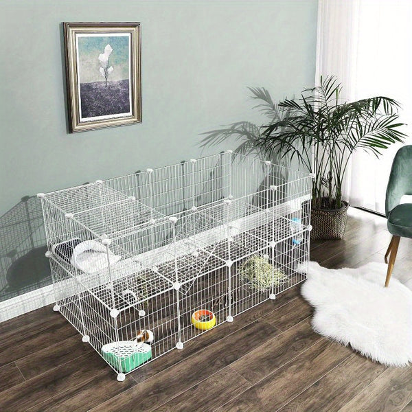 Two-Story Metal Pet Playpen with 36 Grid Panels, Cage for Small Animals Like Guinea Pigs, Hamsters, And Rabbits, Includes a Mallet, Suitable for Indoor Use, Dimensions 143 X 73 X 71 Cm