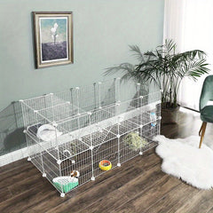 Two-Story Metal Pet Playpen with 36 Grid Panels, Cage for Small Animals Like Guinea Pigs, Hamsters, And Rabbits, Includes a Mallet, Suitable for Indoor Use, Dimensions 143 X 73 X 71 Cm