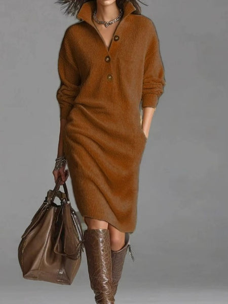 Solid Color Button- Collar Loose-Fit Dress - Straight Tube Mid-Length Dress Suitable for Office, Semi-Formal & Casual Attire - Machine Washable Dress