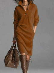 Solid Color Button- Collar Loose-Fit Dress - Straight Tube Mid-Length Dress Suitable for Office, Semi-Formal & Casual Attire - Machine Washable Dress