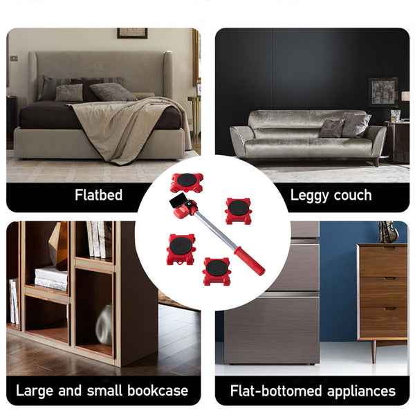 The 5pcs Red Heavy-Duty Furniture Moving Kit with Lift And Slider Moving Wheels Is an Easy-To-Move Tool Set Suitable for Moving Washing Machines, Refrigerators, Etc
