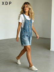 2026 New Vintage Washed Denim Overalls Women Distressed Loose Jumpsuit