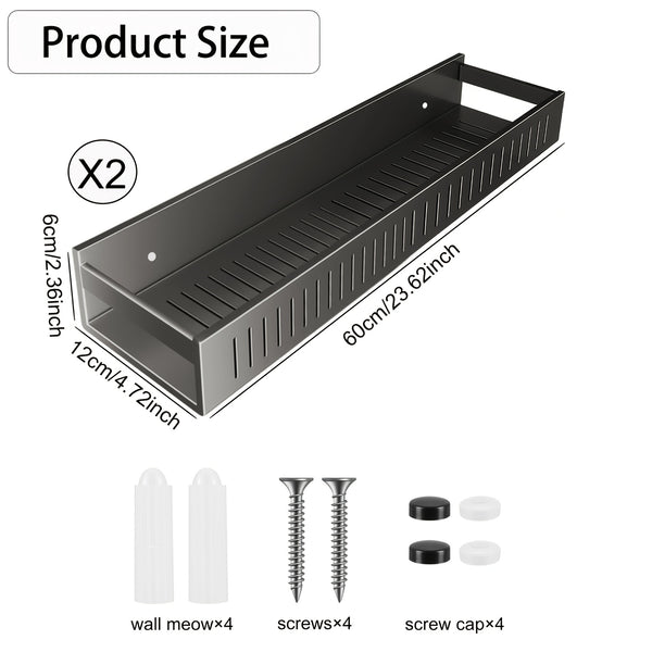 2pcs Large Capacity No-Drill/Screw Shower Shelf - Heavy-Duty SUS304 Stainless Wall-Mounted Bathroom Shelf with Hanging Rail System, Install Bath Storage Rack Suitable for Bathroom, Kitchen, Pantry (Black/Gray)
