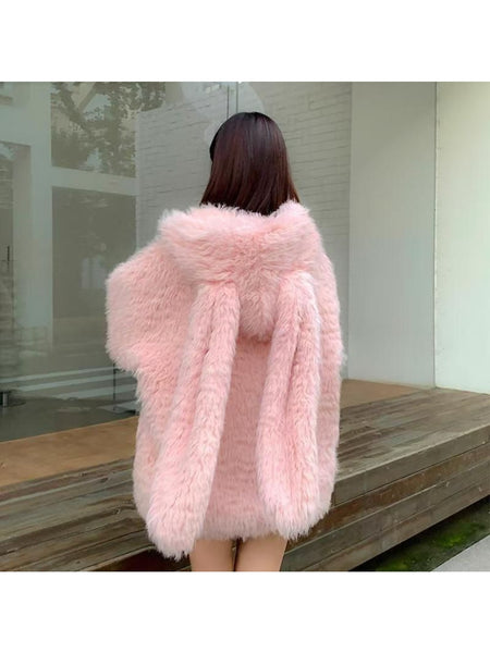 Imitation coat Women's cardigan 2025 autumn and winter new cute rabbit ears loose thickened furry sweater