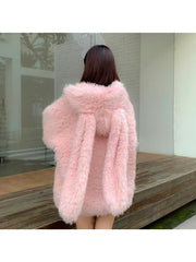 Imitation coat Women's cardigan 2025 autumn and winter new cute rabbit ears loose thickened furry sweater