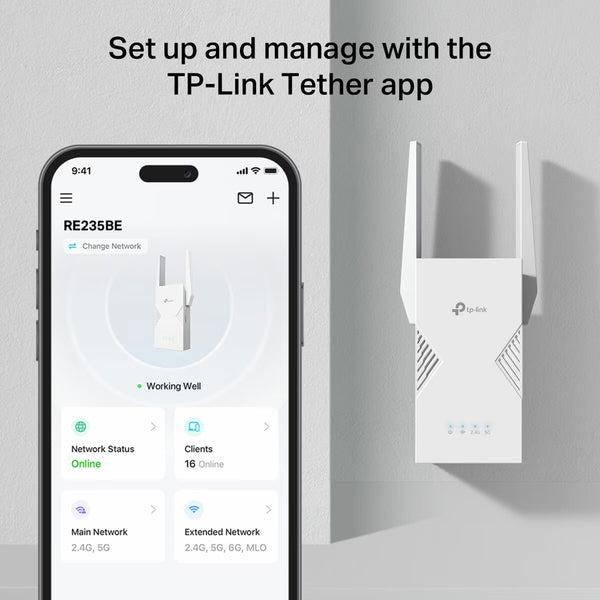 TP Link Dual-Band Wifi 7 Range Extender, RE235BE
