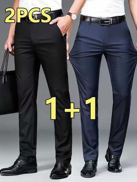 2pcs Men's Professional Business Dress Pants, Office Trousers with Stretch, Versatile Black Straight-Leg Casual Pants for Work