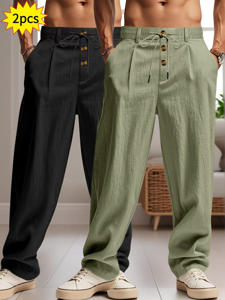 2pcs Men'S Linen Solid Color British Business Casual Straight Leg Pants with Drawstring Elastic Waistband And Button Design Casual Long Trousers Suitable for Outdoor Travel Fitness Exercise And Daily Wear Casual Outdoor Pants Linen Long Pants Lightw