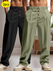 2pcs Men'S Linen Solid Color British Business Casual Straight Leg Pants with Drawstring Elastic Waistband And Button Design Casual Long Trousers Suitable for Outdoor Travel Fitness Exercise And Daily Wear Casual Outdoor Pants Linen Long Pants Lightw