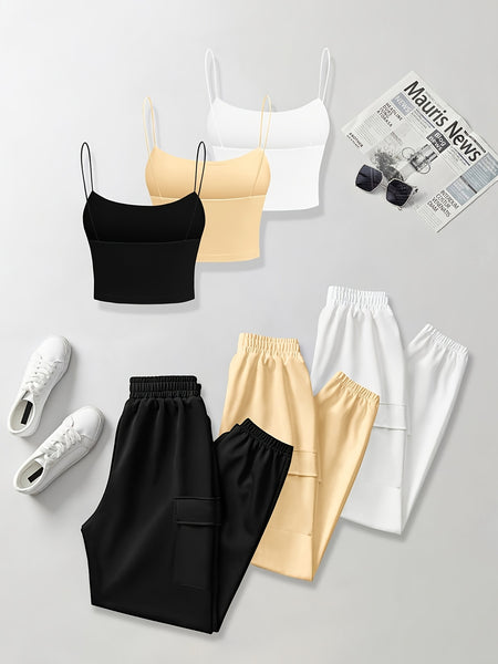 6pcs Women'S Casual Short Camisole And Elastic Waist Pocket Work Pants Set for Spring And Summer, Solid Color Everyday Outfit