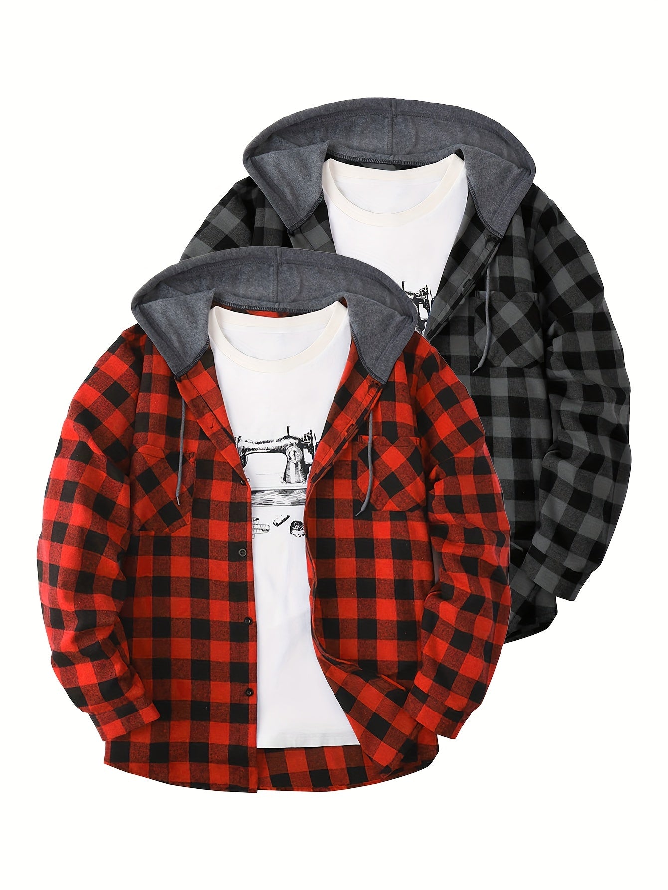 2pcs Men's New York Fashion Trendy Plaid Shirt Hoodie, Plaid Pullover Sweatshirt Flannel Hoodie