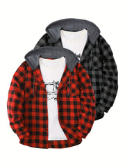 2pcs Men's New York Fashion Trendy Plaid Shirt Hoodie, Plaid Pullover Sweatshirt Flannel Hoodie