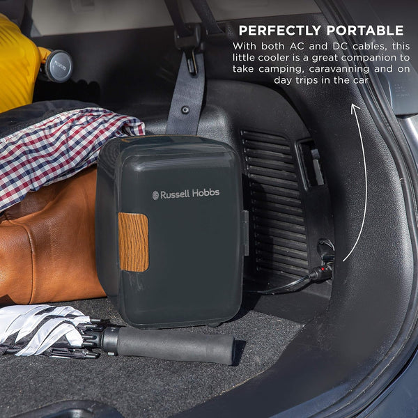 Russell Hobbs RH4CLR1001SCG 4L/6 Can Mini Portable Cooler & Warmer for Drinks, Cosmetics/Makeup/Skincare, AC/DC Power, Scandi Style, Grey & Wood Effect, for Bedroom, Home, Caravan, Car