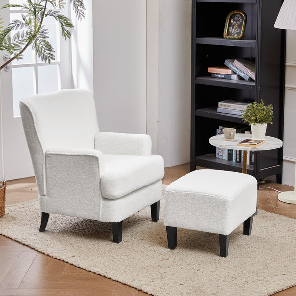 White Teddy Fabric Lounge Chair with Ottoman - 69x58x85.5cm Plush Armchair, Sponge Cushion & Plywood Frame, for Living Room/Bedroom (Black Wooden Legs)