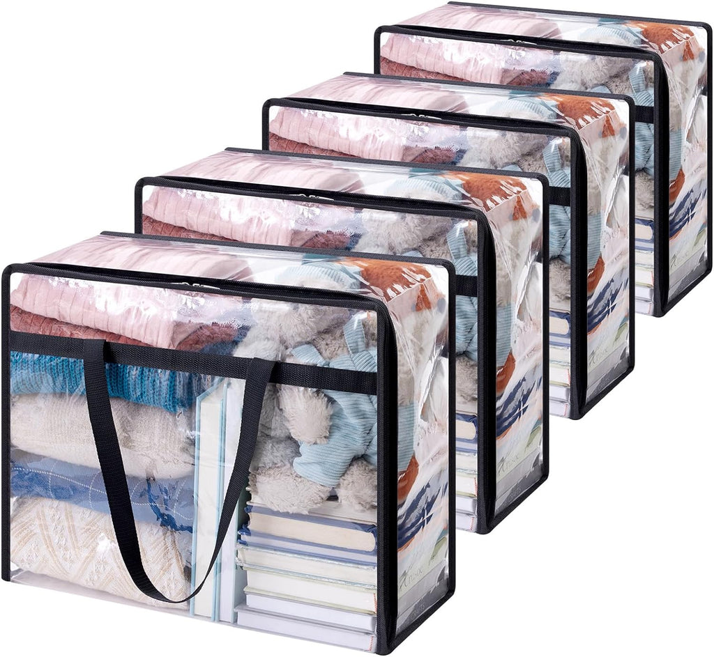 Lifewit 4 Pack Clear Plastic Storage Bags, 40L Foldable Clothes Storage Boxes Wardrobe Organizer Moving Bags with Reinforced Handle for Loft Wardrobe for Bedding Clothes Blanket Duvet