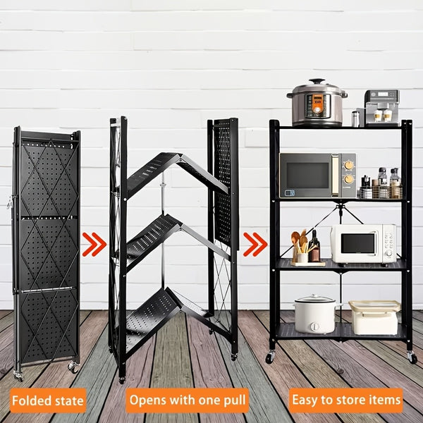 4 Tier Foldable Storage Shelf | Heavy Duty Collapsible Metal Shelf Rack with Wheels, Extra Thick Frame, No Assembly Required, Suitable for Kitchen, Pantry, Closet, Office, Bathroom, Garage Organize, Standing Shelf