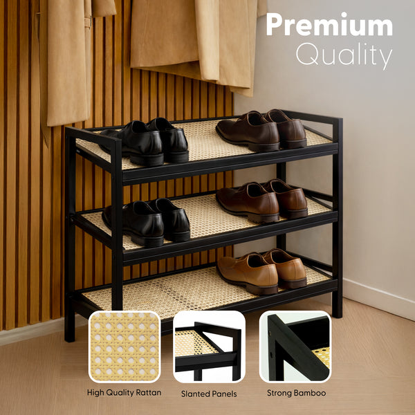 KEPLIN 2/3/4-Tier Bamboo and Rattan Shoe Rack Organizer – Durable, Easy Assembly – Compact Design for Entryway, Closet, or Hallway – Stylish and Functional Storage – Black and Natural