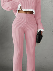 Women'S Short Color-Blocked Long-Sleeve Top with Solid Color Pants, a Casual And Stylish Outfit for Christmas