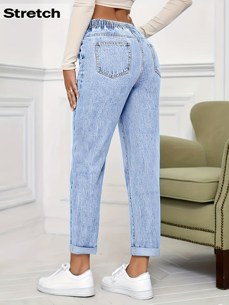 Ladies' 2026 New Elastic Waist Drawstring Slim-Fit Nine-Point Jeans, Acid-Washed Light Blue Rolled Hem Straight-Leg Denim Pants, Elegant Women'S Clothing, Tapered Pants Suitable for All Seasons, Pocketed Mom Jeans