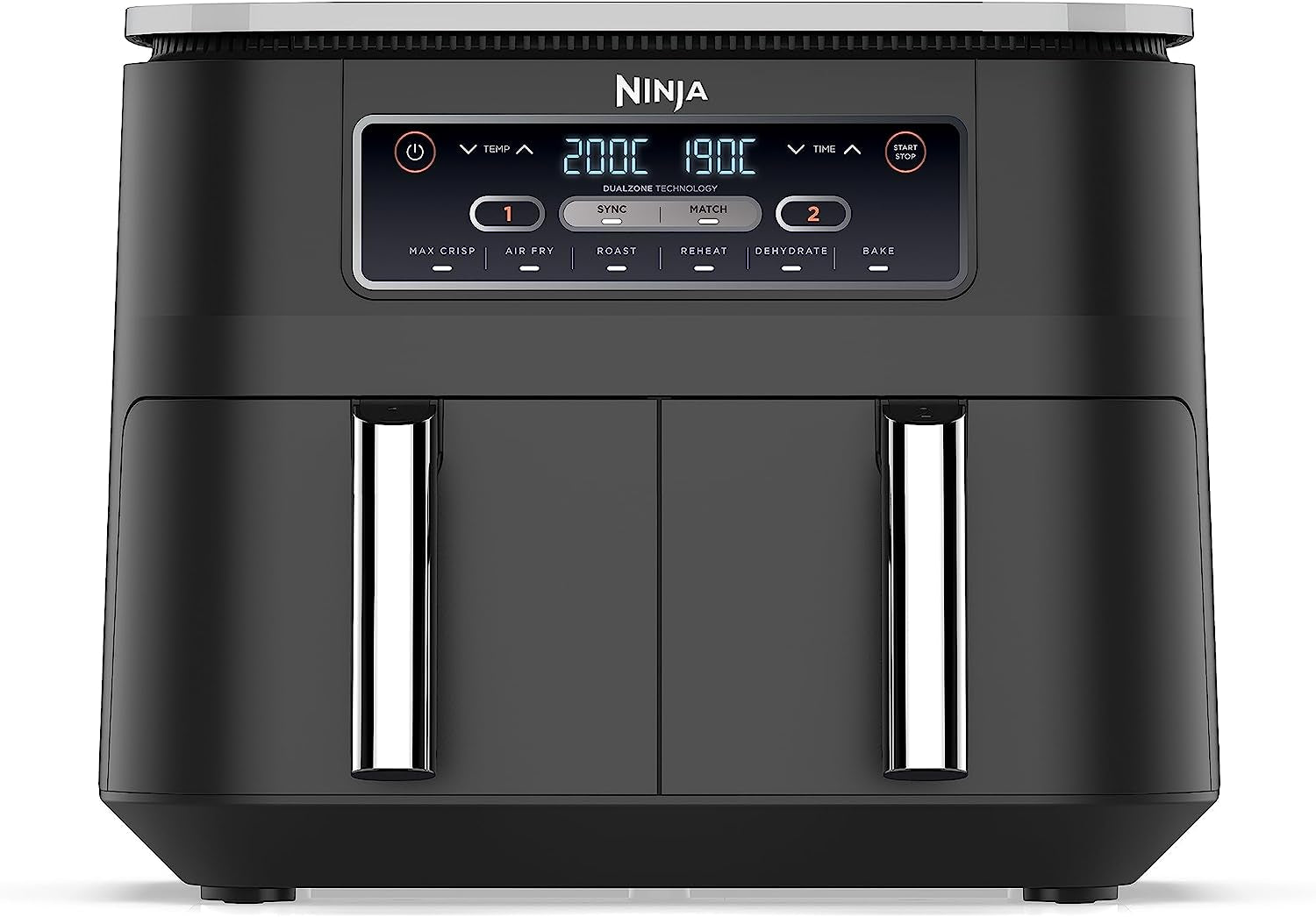 Ninja Foodi Dual Zone Digital Air Fryer, 2 Drawers, 7.6L, 6-In-1, Uses No Oil, Air Fry, Max Crisp, Roast, Bake, Reheat, Dehydrate, Cooks 4-6 Portions, Non-Stick, Dishwasher Safe Baskets, Black AF300UK