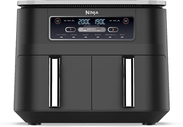 Ninja Foodi Dual Zone Digital Air Fryer, 2 Drawers, 7.6L, 6-In-1, Uses No Oil, Air Fry, Max Crisp, Roast, Bake, Reheat, Dehydrate, Cooks 4-6 Portions, Non-Stick, Dishwasher Safe Baskets, Black AF300UK