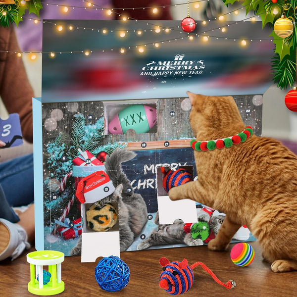 Izoel Cat Advent Calendar 2025 Christmas Interactive Toys for Indoor Christmas Gifts Collars Bow Tie Feather Toys Fish Fake Mouse Bell Balls for Cat Lover Gifts