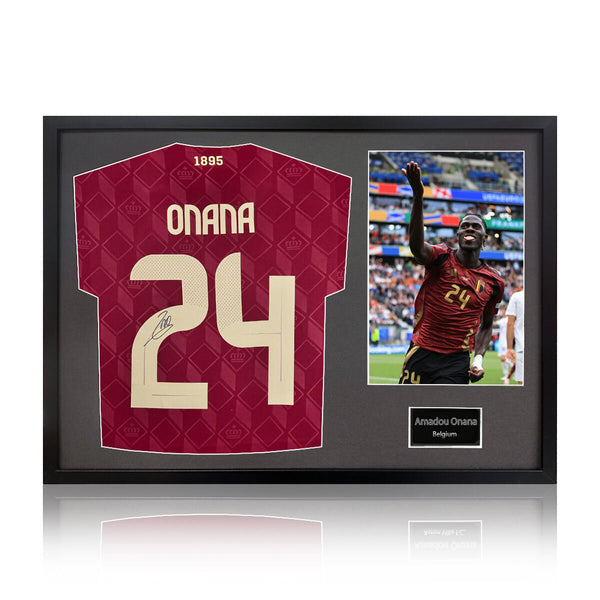 Amadou Onana Signed Framed Belgium Football Shirt Including 1 Photo in 2 Options: White or Black Mount