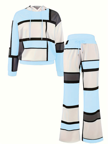 Casual Color Block 2pcs Set, Long Sleeve Hooded Top And Drawstring Pants, Women'S Clothing