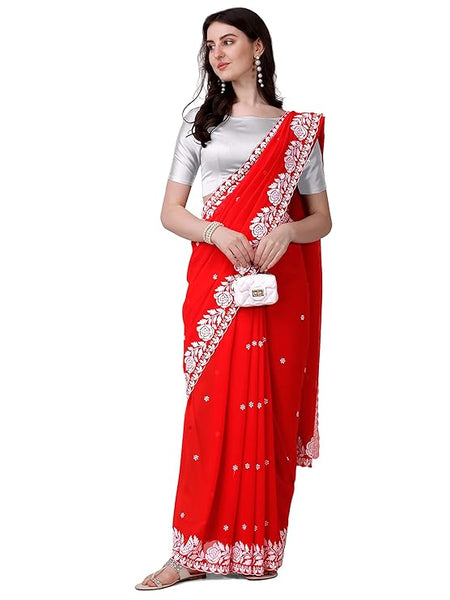 Estationeryhouse Women's Georgette Embroidery Border Work Designer Saree with Blouse Piece
