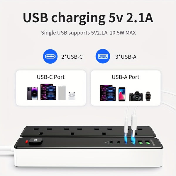 A 4-port Power Board/power Socket/power Strip With 3 USB-A And 3 USB-C Ports, Compatible With 220V-240V, 1.8m Cable, British Plug, Suitable For Home, Kitchen, Outdoor, Hotel, Office, Cruise Vacation