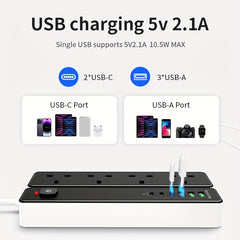 A 4-port Power Board/power Socket/power Strip With 3 USB-A And 3 USB-C Ports, Compatible With 220V-240V, 1.8m Cable, British Plug, Suitable For Home, Kitchen, Outdoor, Hotel, Office, Cruise Vacation