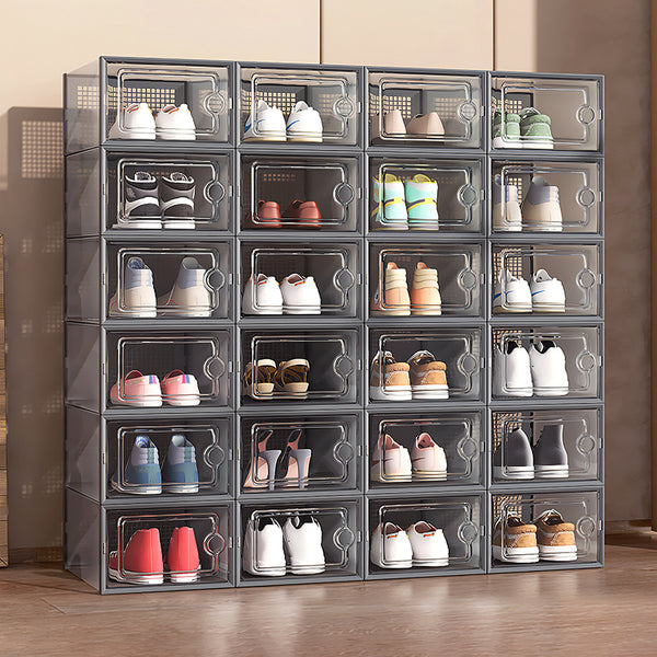 Pack of 12 Stackable Shoe Boxes Shoe Storage Organisers, Sturdy & Durable, Space Saving, Shoe Organizer Containers with Lids for Women/Men, Ideal for Entryway, Closet, Living Room, Bedroom, Office, Dorm, Fit Up To UK Size 9.5, 23x33x14cm
